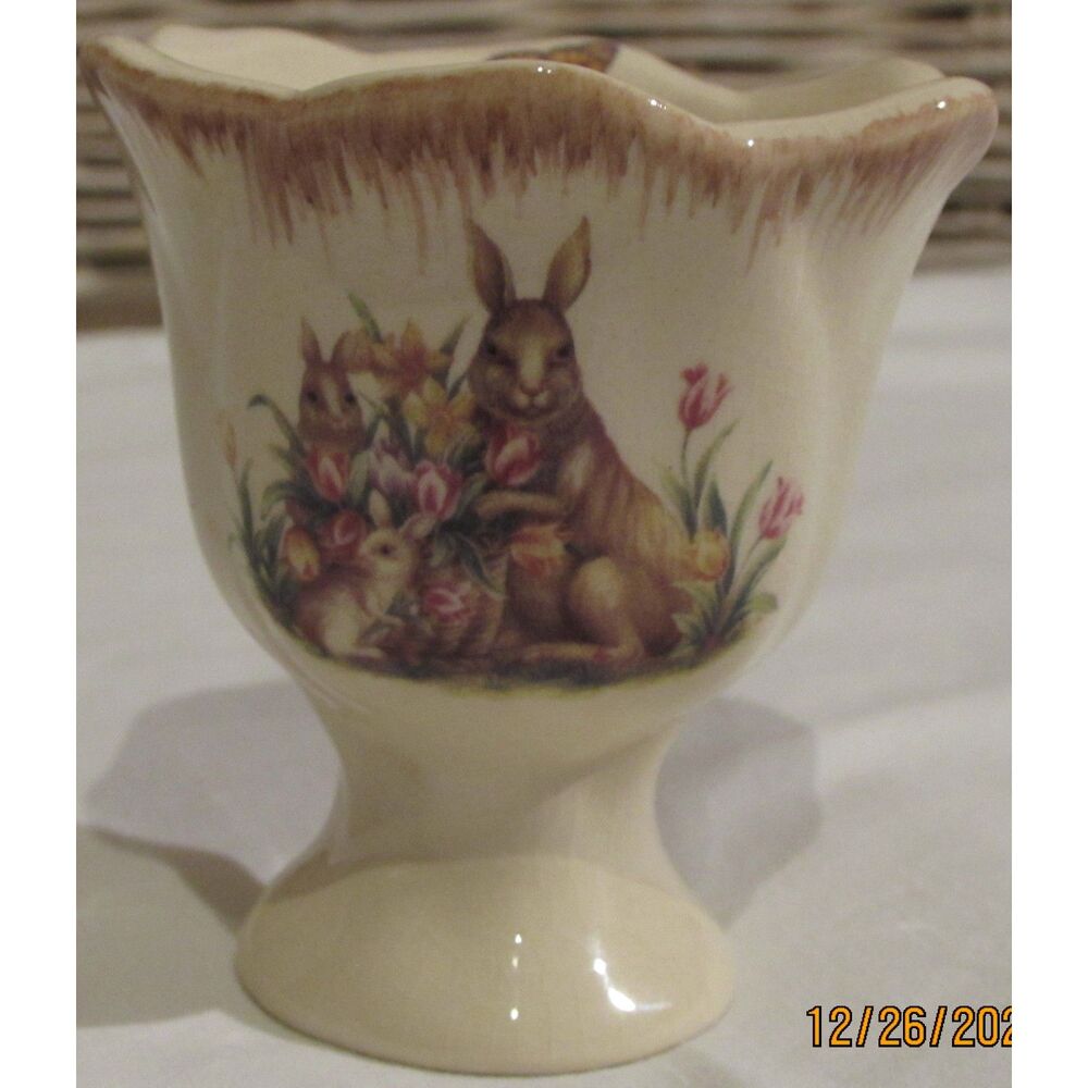 Easter egg cup ceramic with bunny rabbit purple flowers butterfly inside
